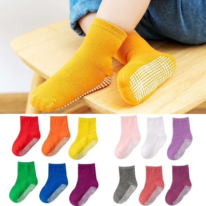 6 Paare/los Frühling Herbst Kinder Anti-slip Socken Einfarbig Weiche Atmungsaktive Baumwolle Babys Boot Socken Jungen Mädchen Trampolin socken Image