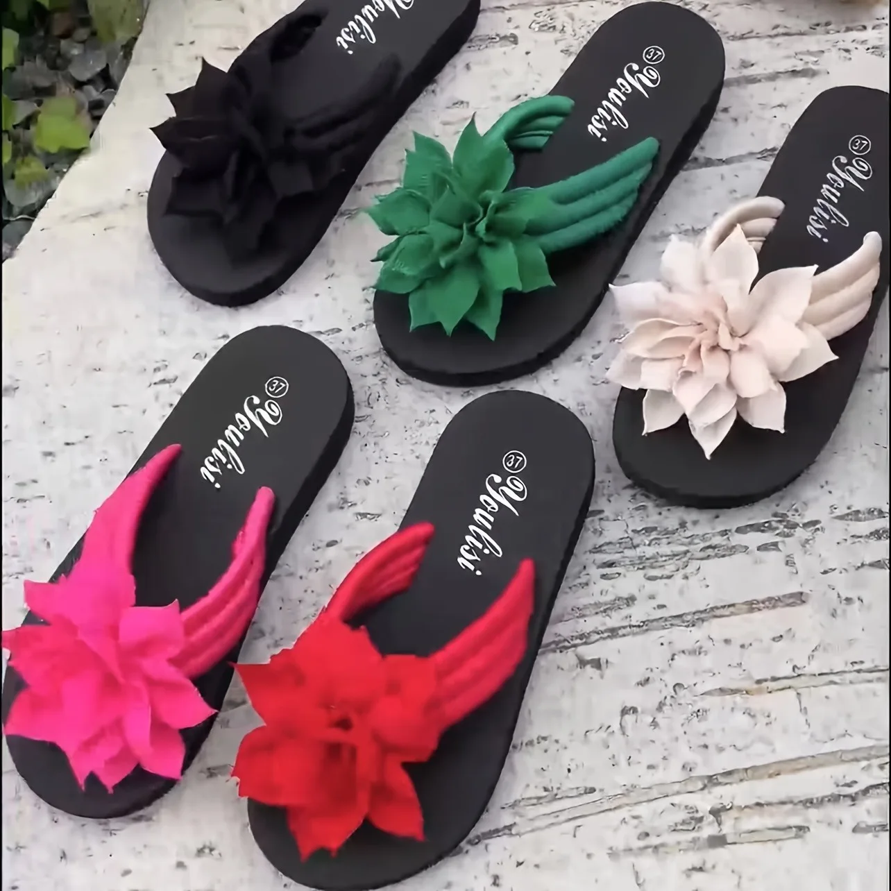 Damen-Flip-Flops mit Blumenmuster, Slip-On, Urlaubsstil, Sandalen mit mittlerem Absatz, Stoffobermaterial, EVA-Sohle, Einlegesohle, einfarbig, Sommer-Freizeitschuhe