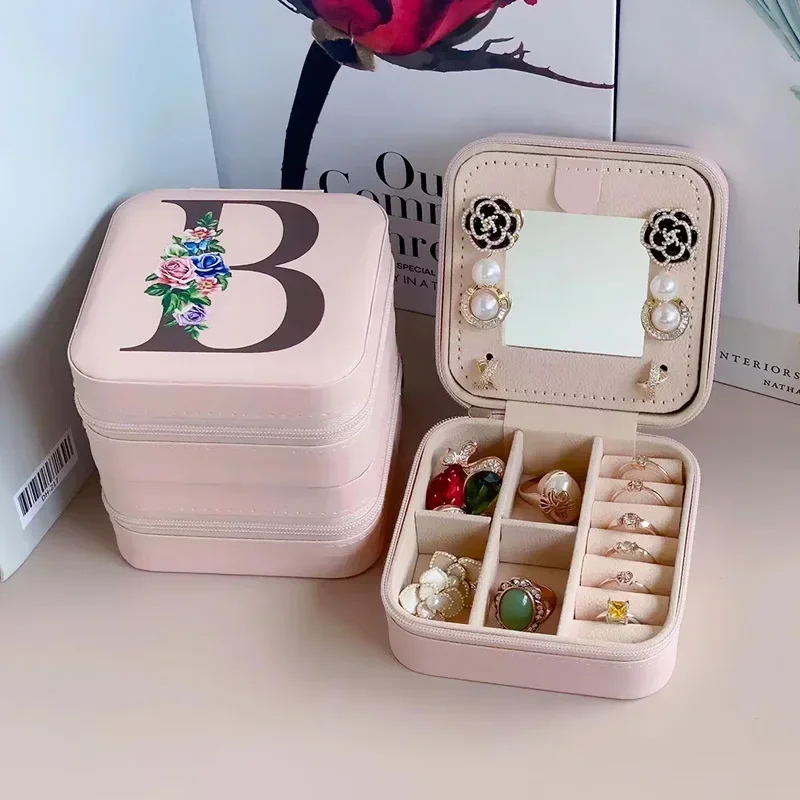 Schmuckschatulle mit Blumen- und Alphabet-Motiv, Ringboxen, Reise-Schmuckschatulle aus Leder, Buchstabendruck, Brautjungfern-Antrag, Geburtstag, Weihnachten, Geschenk