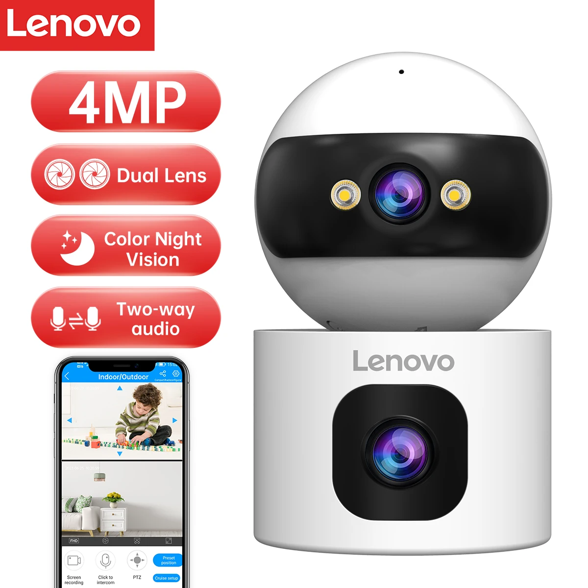 Lenovo 4MP HD Sicherheits-IP-Kamera 5G WiFi-Überwachungskamera Dual Lens 5X Zoom AI Tracking Home Indoor CCTV-Kamera Babyphone Image