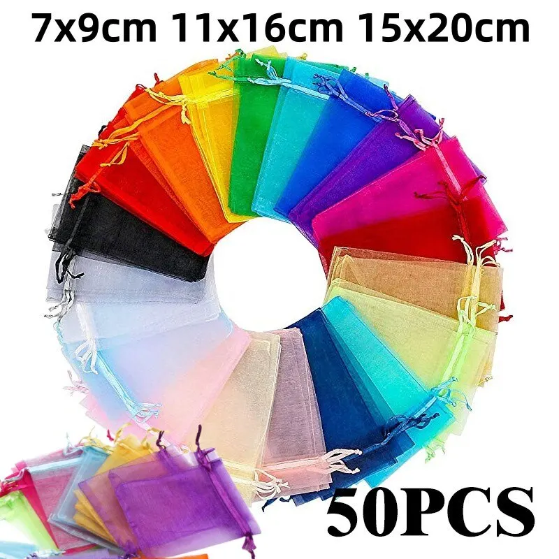 50 teile/los mehrfarbige Schmuck verpackungs tasche 7*9 11*16 15*20cm Organza-Taschen Geschenk aufbewahrung Hochzeits kordel zug Beutel Großhandel Image