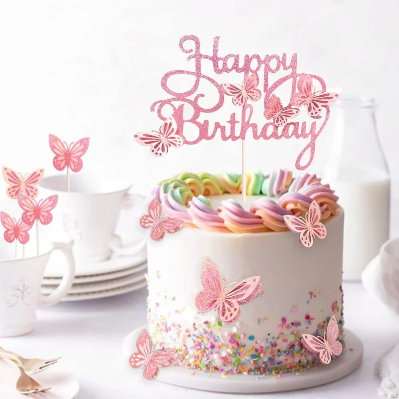 13-teiliger 3D-Schmetterlings-Cupcake-Topper für Mädchen und Frauen, alles Gute zum Geburtstag, Kuchendekorationen, Partydekorationen (Rosa) Image