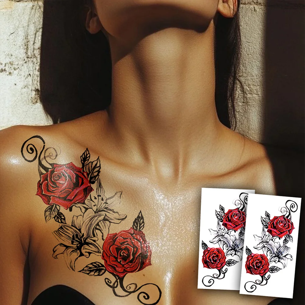 2 stücke Wasserdicht Temporäre Tattoo Aufkleber Rote Rose Pfingstrose Lilie Blatt Sexy Totem Körper Kunst Arm Gefälschte Tattoos Hülse für Frauen Männer Bein