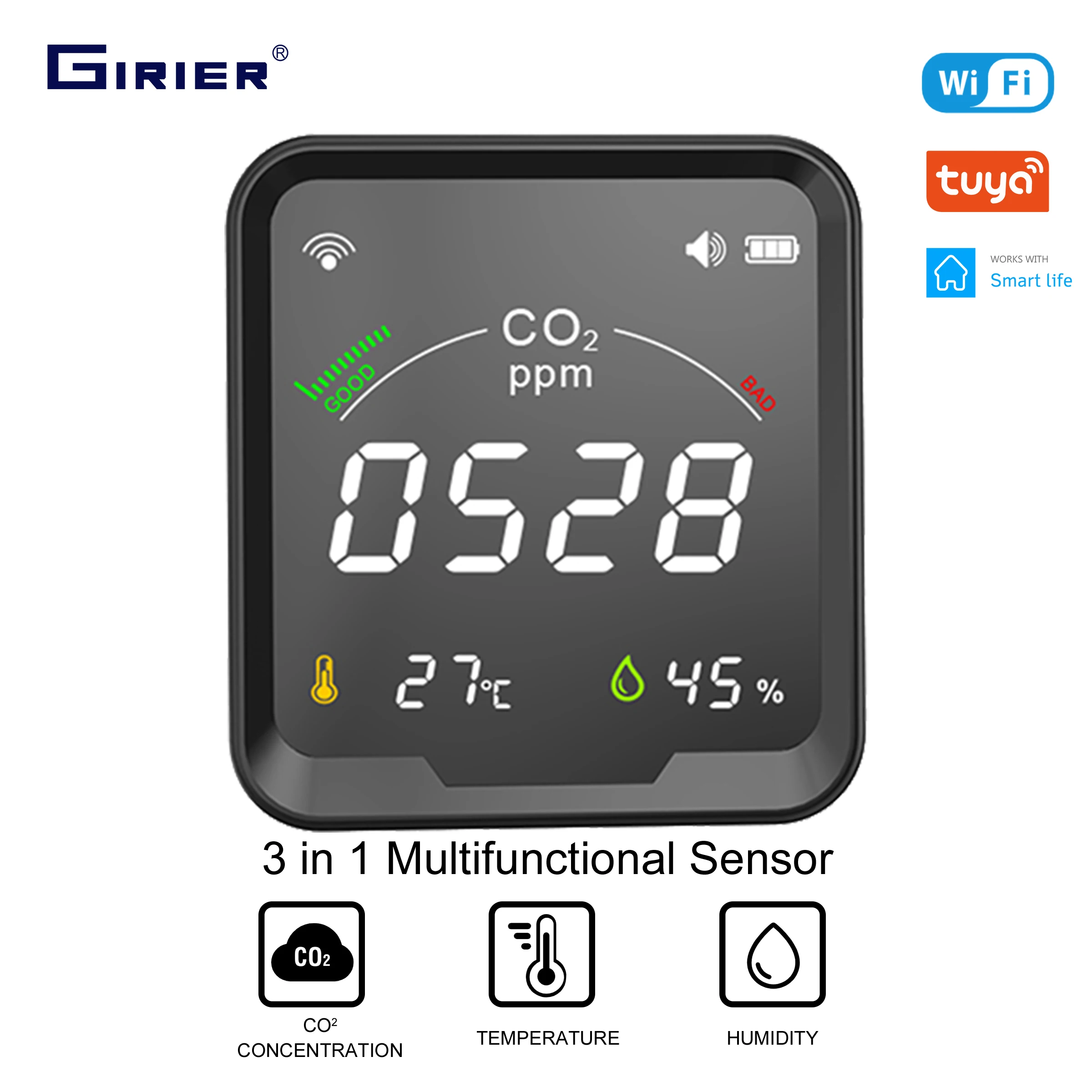 GIRIER Tuya Smart WiFi CO2-Detektor Kohlendioxid-Monitor für den Innenbereich, integrierter Temperatur- und Feuchtigkeitssensor, funktioniert Smart Life APP Image
