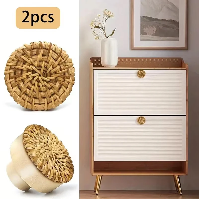 Massivholz-Türgriff, kreisförmig, klein, Rattan-Weberei, kreativer Einloch-Schrank, Kleiderschrank, Schuhschublade, Hardware, minimalistisch