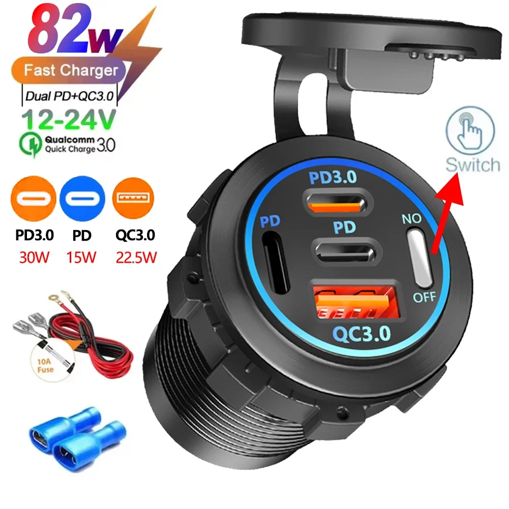 2/3/4 Port PD QC 3,0 USB Auto Ladegerät mit Voltmeter Buchse Steckdose Adapter Wasserdicht für 12V/24V Auto ATV Boot Heißer Verkauf Image