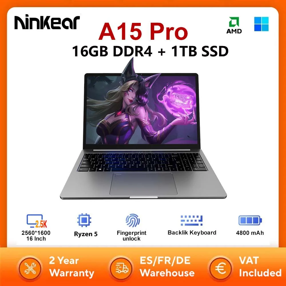 Ninkear A15 Pro Laptop 16GB 1TB AMD Ryzen 5 16 Zoll 120Hz 2560*1600 Bildschirm Fingerabdruck-Entsperrung Notebook-Computer Image