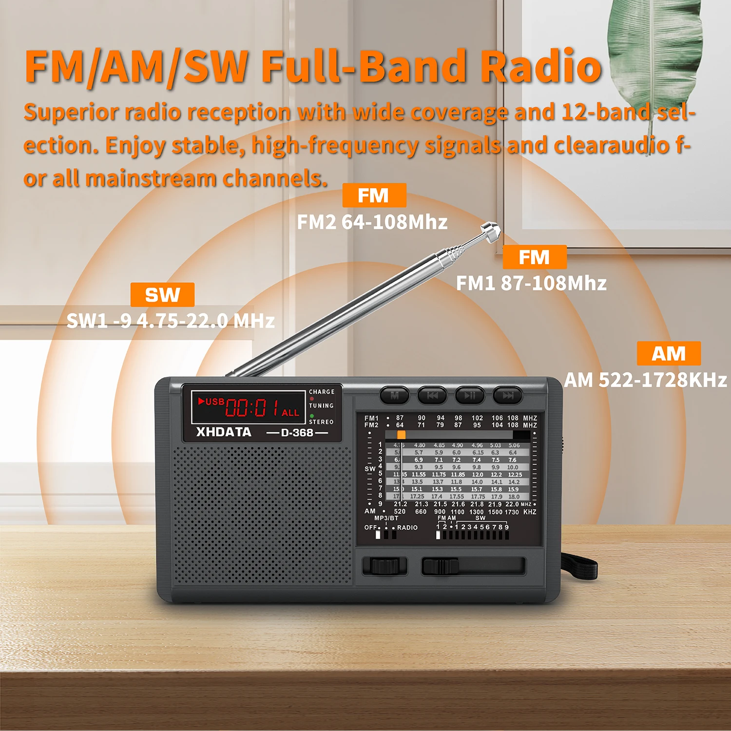 XHDATA D-368/ D-328 Tragbares Stereo-Radio FM AM SW MP3-Player mit Bluetooth, TF-Karte, USB, wiederaufladbarem Akku, als Geschenk für ältere Menschen Image
