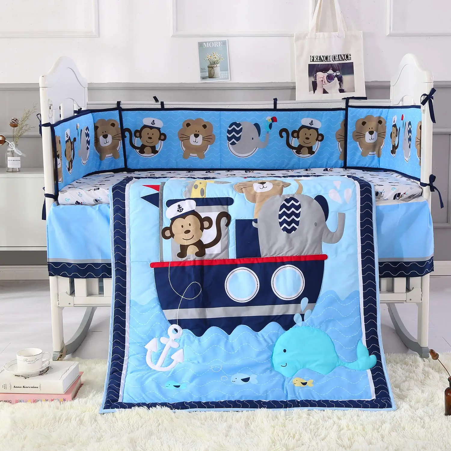 Kinder bett Sets für Jungen Mädchen Babybett Bettwäsche Set Kleinkind Bett Set Kinderzimmer Set 7 Stück (4 Stoßstangen Kinder bett Bettdecke Bettlaken Kinder bett Rock) Image