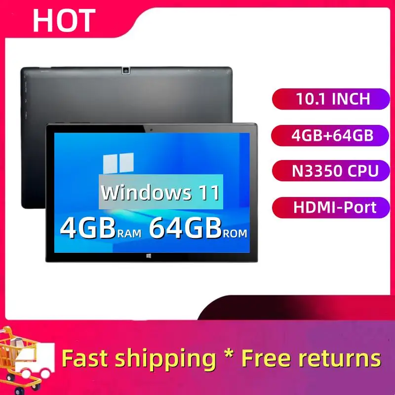 Windows 11 Tablet 10,1 ZOLL 4 GB RAM 64 GB ROM 64 Bit Intel Atom N3350 Quad Core Dual Kameras 1920 x 1200 IPS Typ-C USB 3.0 Port Image