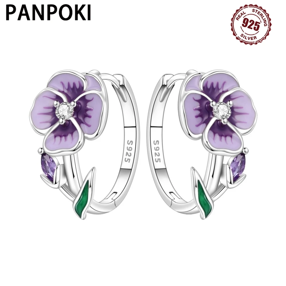 PANPOKI Original 925 Sterling Silber Violette Blumen Ohrringe Damen Creolen Jubiläumsschmuck Trendige Geschenke Image