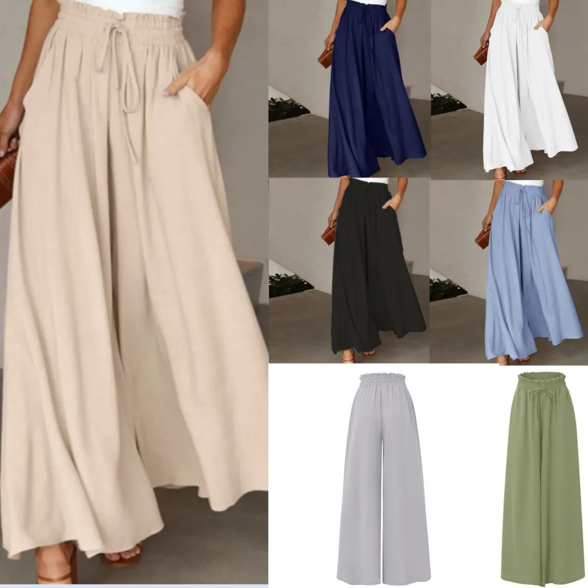 Frühling und Sommer Damenhose, elastische Taille, einfarbig, modisch, hohe Taille, einfache, vielseitige Basic-Hose Image