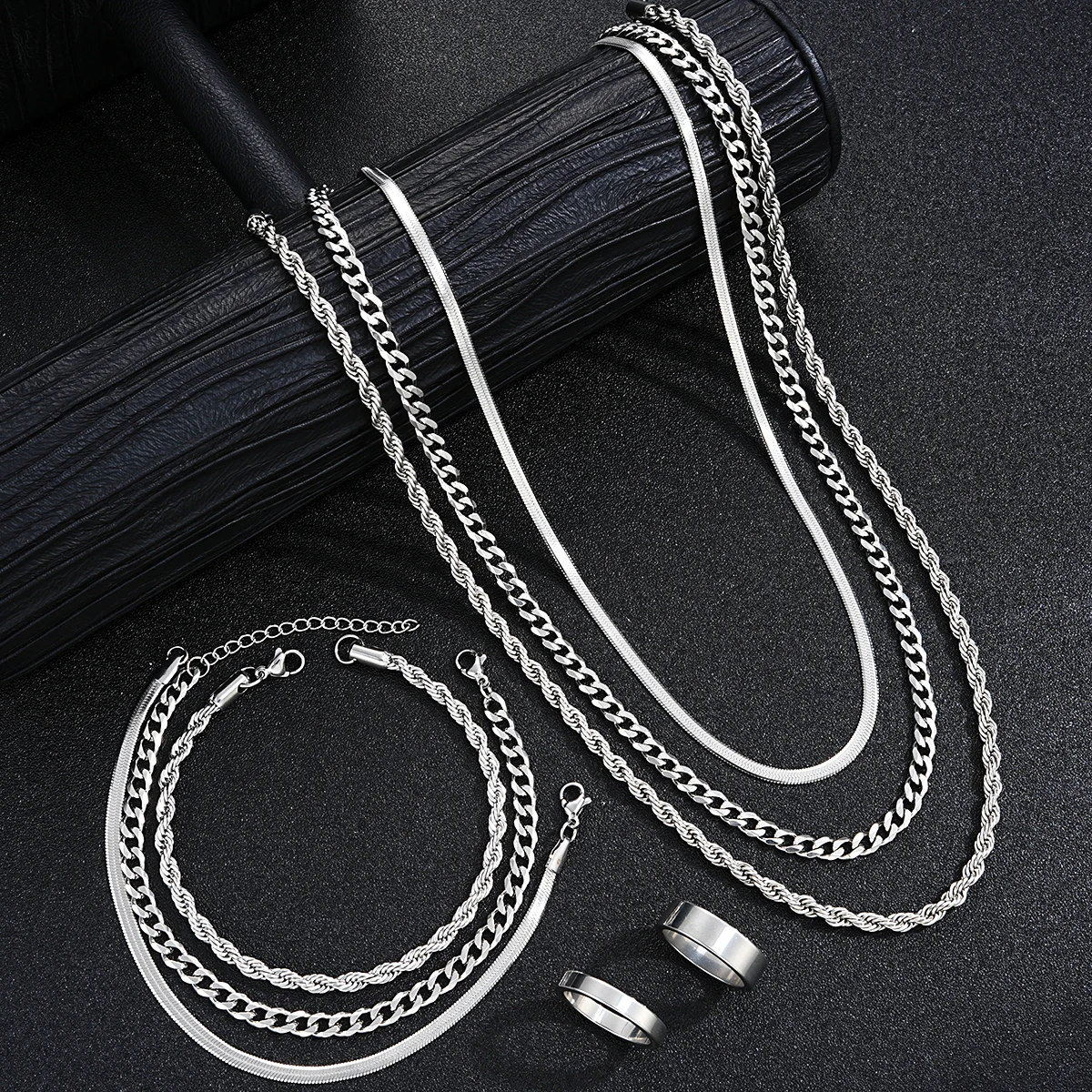 2024 neue Einfache Edelstahl Silber Farbe Schmuck Sets für Männer Unisex Punk Vintage Glatte Ring Halskette Armband Set Geschenke