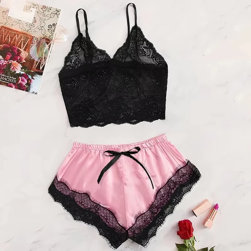 2025 sommer 2 Stücke frauen Neue Sexy Spitze Durchsichtige Pyjamas Schwarz Rosa Nette Kleidung Bequeme Atmungsaktive Hosenträger Shorts set Image