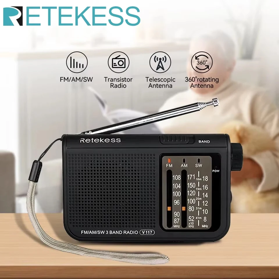 Retekess V117 Analoge AM-FM-Radios, Kurzwellenradio aus ABS-Material mit Teleskopantenne, große Knöpfe, ideal für Innen- und Senioren Image
