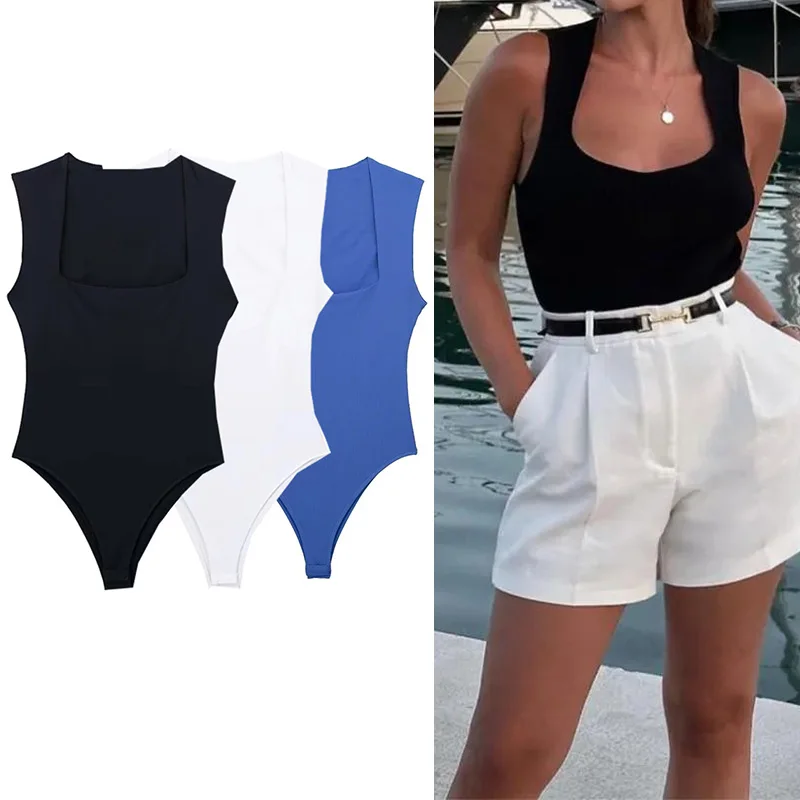 MUJER 2025 Schwarzer Damen-Körper, quadratischer Ausschnitt, ärmelloser Body, Damen, Blau, Weiß, sexy, enger Body, Dessous, figurbetont, Sommer-Tops Image