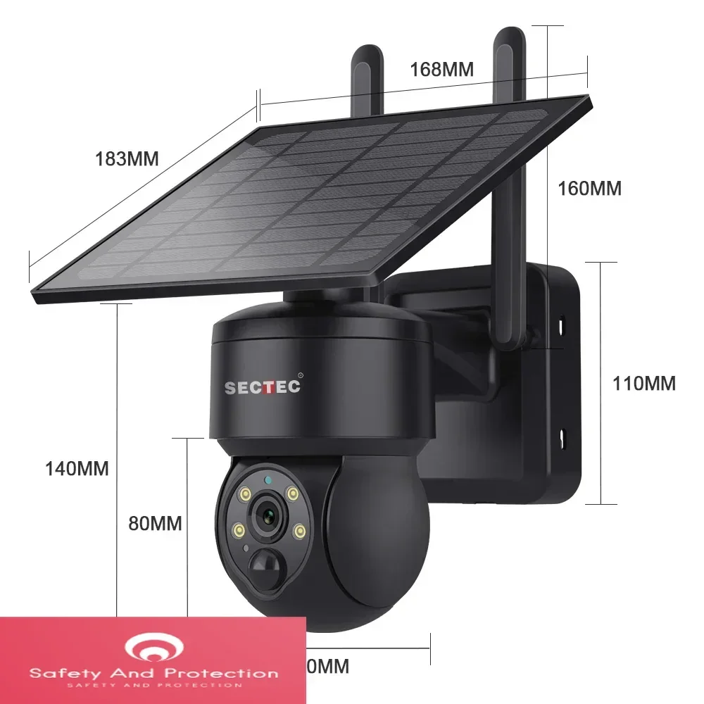 SECTEC HD 4G Solar-Außenkamera mit integriertem Akku, PIR-Bewegungsmelder, kabellose Mini-Solar-Überwachungskamera für den Außenbereich, PTZ IP-Kamera, CCTV-Kamera