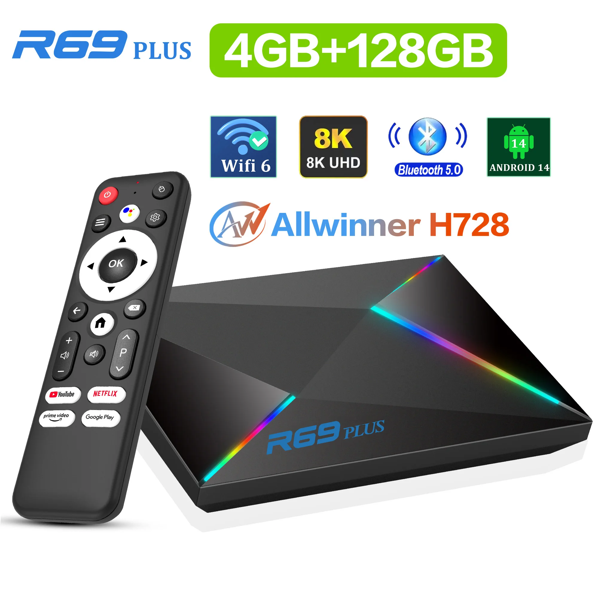 Neuer Android 14 Global Version TV-Box R69PLUS Allwinner H728 Octa-Core BT5.0 Ultra HD 4K8K WLAN 6 RAM 4GB ROM 128GB Mediaplayer Image