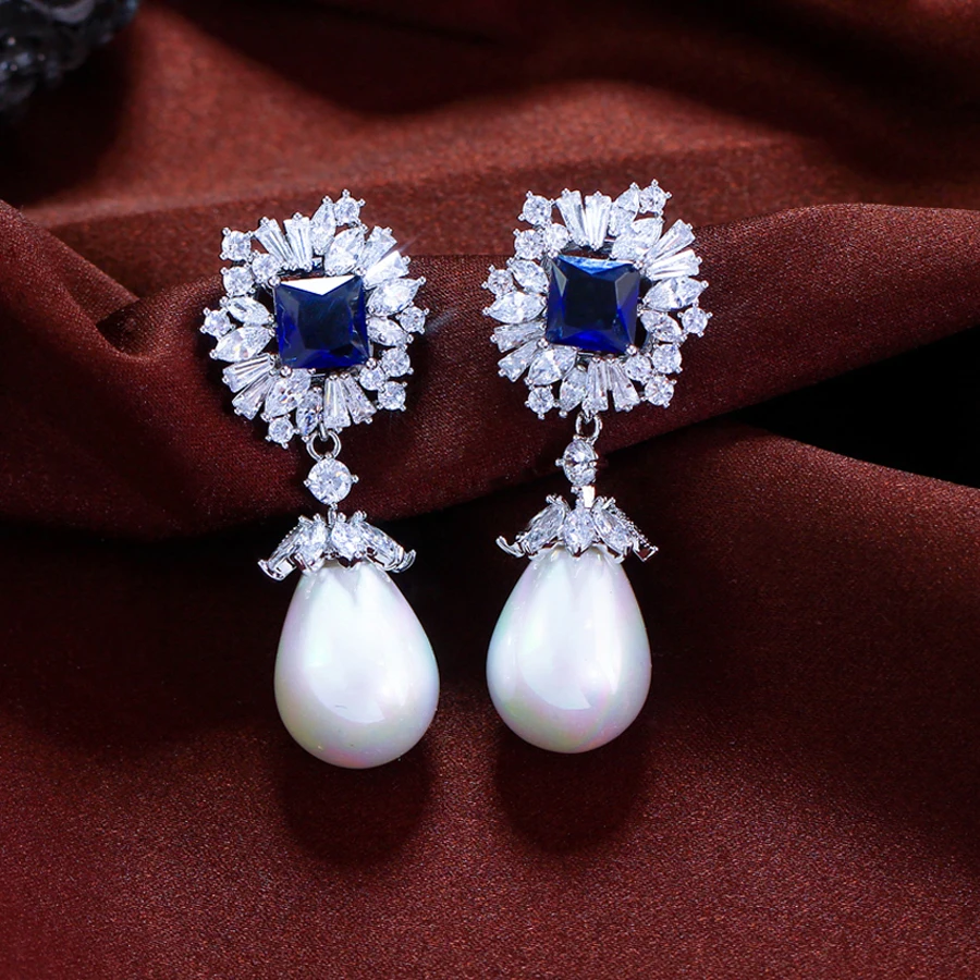 ThreeGraces Vintage Luxus Blau Quadrat Zirkonia Lange Große Simulierte Perle Ohrringe für Frauen Mode Braut Partei Schmuck E1969