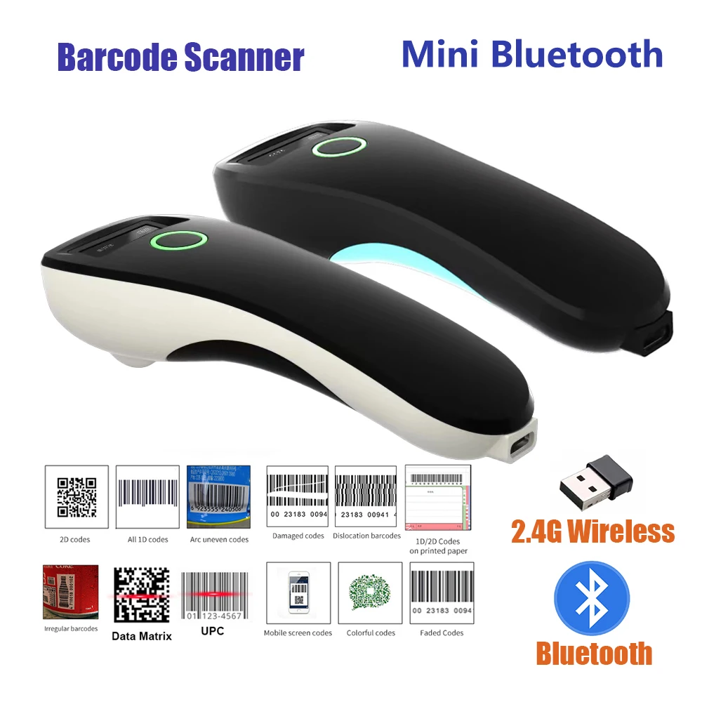 Tragbarer Mini-Handheld-Barcode-Scanner 2,4 G Wireless/Bluetooth/USB 1D 2D QR-Code Datenmatrix PDF417 Leser mit Speicherfunktion Image
