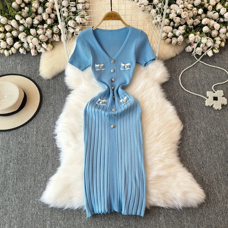 Elegante gestrickte lange Kleid Frauen Sommer V-Ausschnitt Single Breatsed kurze Ärmel Bodycon Kleider Mode Party Büro Dame Vestidos Image