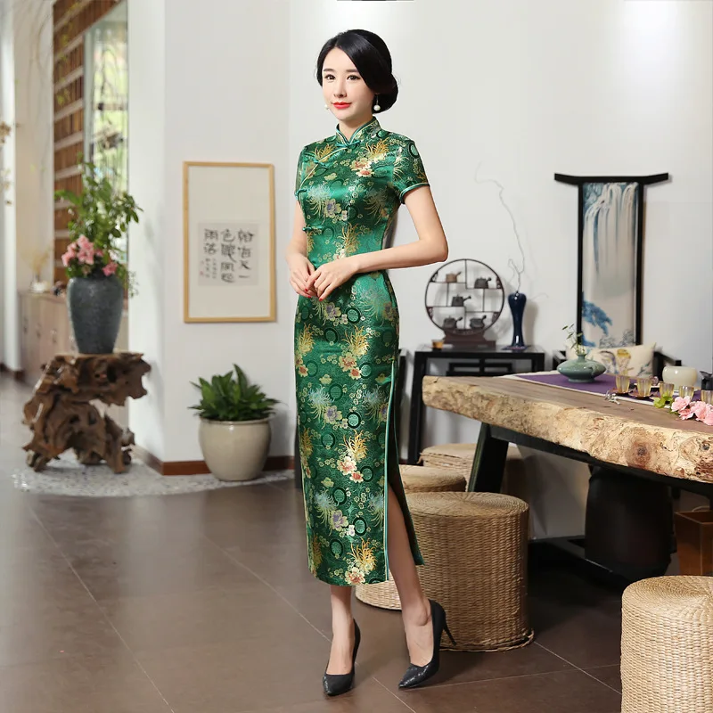 2021 neue High Fashion Grün Rayon Cheongsam Chinesische Klassische frauen Qipao Elegante Kurzarm Neuheit Lange Kleid S-3XL C0136-D