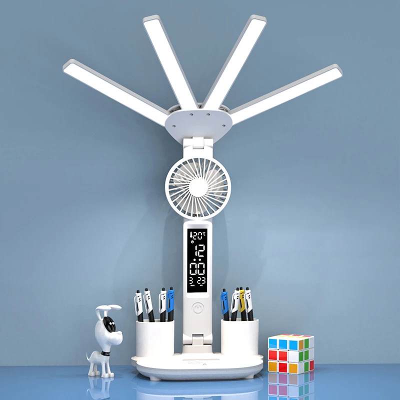 LED Wiederaufladbare Tischlampe zum Lernen, Schreibtischlampe Leselampe LED-Tischleuchte mit Ventilator, LED-Uhranzeige Leselampe