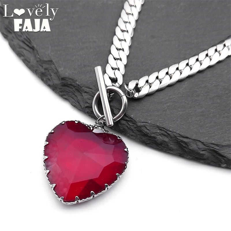 Goth Punk Rotes Herz Halskette Halsband für Frauen Edelstahl Silber Farbe Glas Anhänger Schlüsselbein Kette Halsketten Schmuck NXS03
