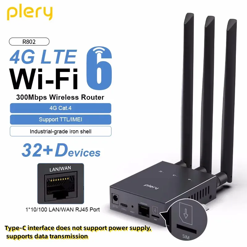 PLERY 4G Wireless Router 300 Mbit/s 2,4 G/HZ SIM-Karten-Router WiFi6 te Router mit externer 5 dBi externe Antenne für den Außenbereich Image