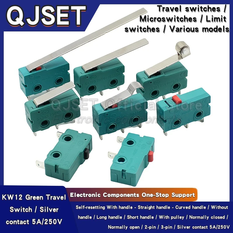 5 stücke Silber Kontakte 5A 250 V Mikroschalter KW12 Grün Reise Endschalter 2Pin/3Pin Schalter KW11-3Z-2 Gerade/Gebogene Griff/Roller Image