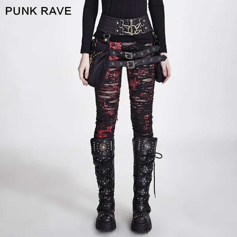PUNK RAVE Gothic Damen Broken Mesh Leggings Hohe elastische Löcher Gehäkelte atmungsaktive zerrissene Hose Schwarz Rot Steampunk Charm Sexy