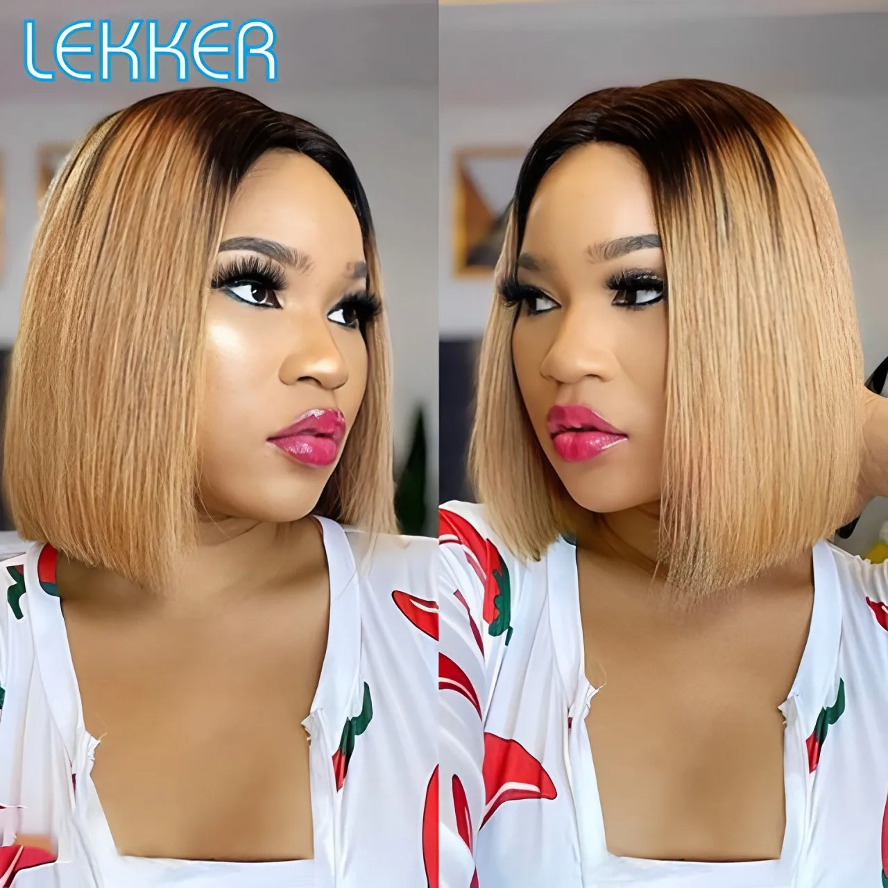 Lekker Blonde Lange Pixie-Cut Gerade Bob 13x1 T Lace Front 100% Echthaar-Perücken für Frauen, Klebefreie Brasilianische Remy-Haare, Gefärbt Image
