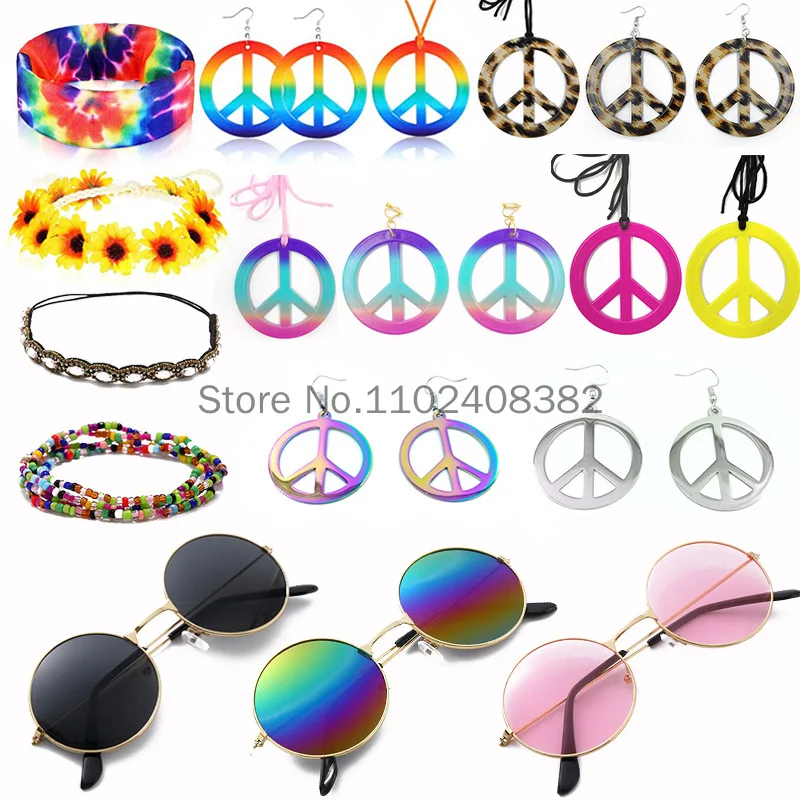 Frauen 70er 80er Hippie Cosplay Zubehör Halloween Party Requisiten Gänseblümchen Stirnband Sonnenbrille Frieden Halskette Hippie Custome tragen