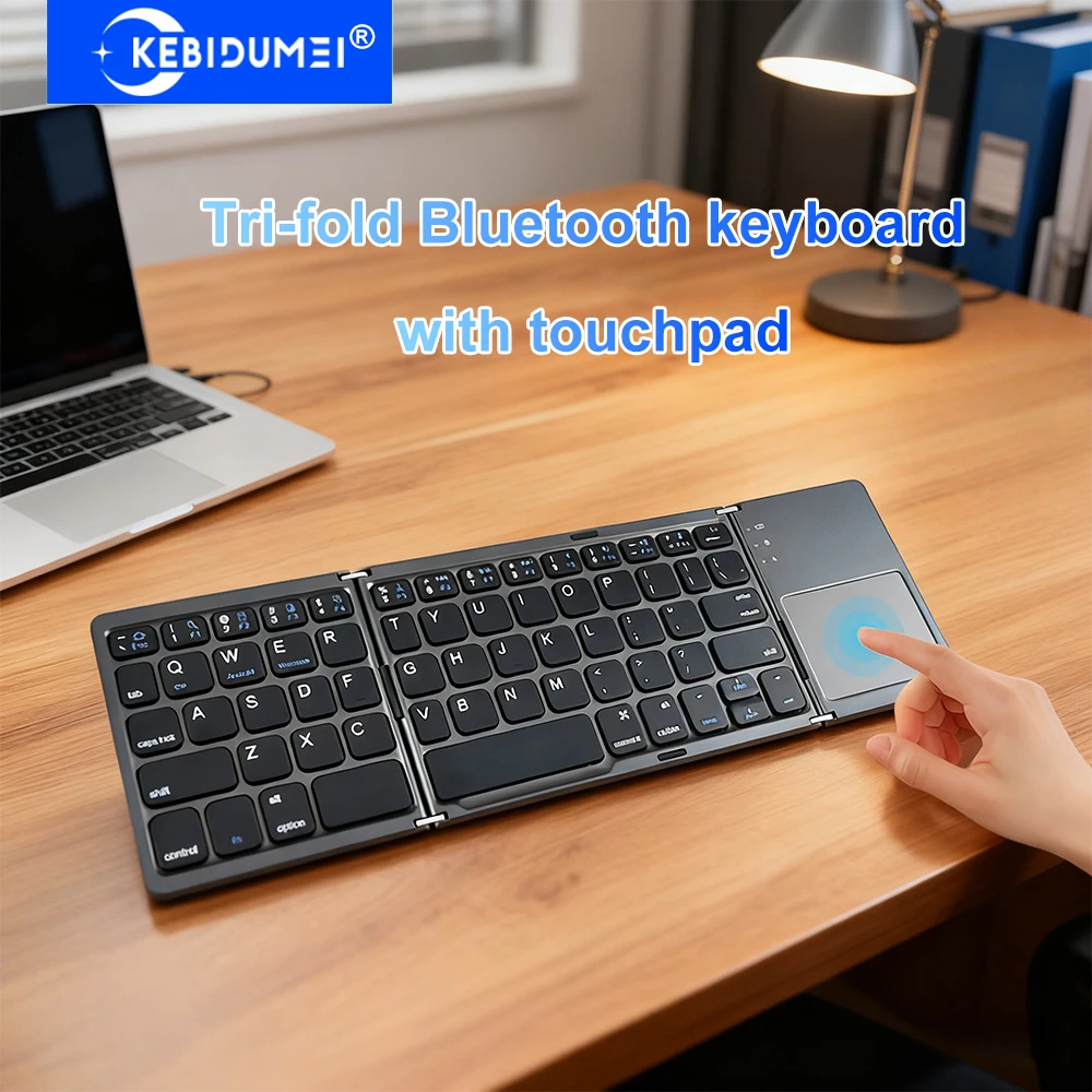 Dreifach gefaltete Bluetooth-Tastatur mit Touchpad, tragbare Mini-Tastatur, wiederaufladbare Tastatur, kabellose Tastatur für Windows, Android, iOS Image