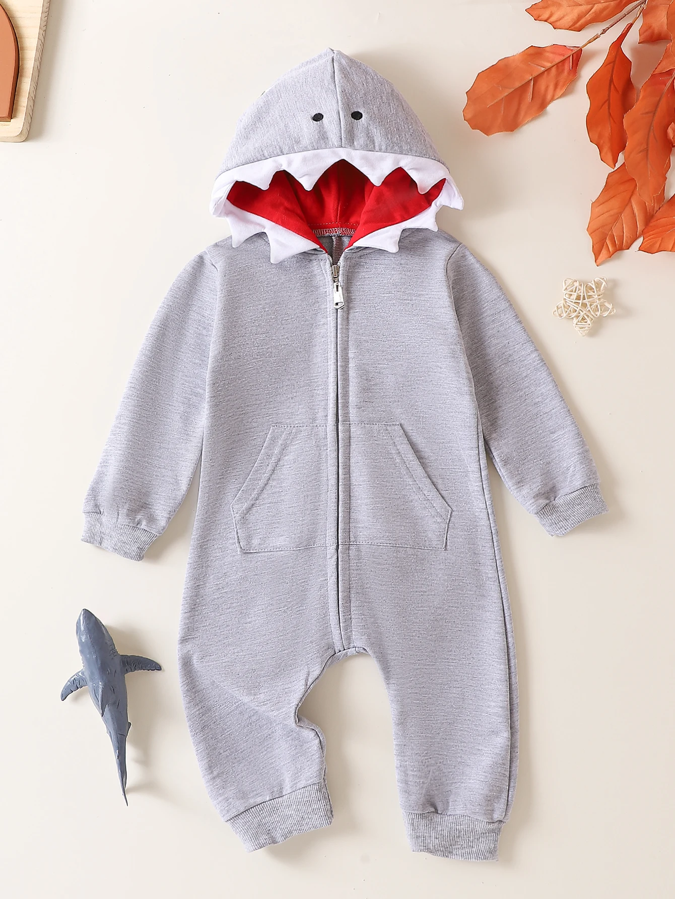 Herbst Neugeborene Baby Jungen & Mädchen Langarm Kapuze Hai Stram pler Einteiler Krabbel anzug Baby kleidung Image