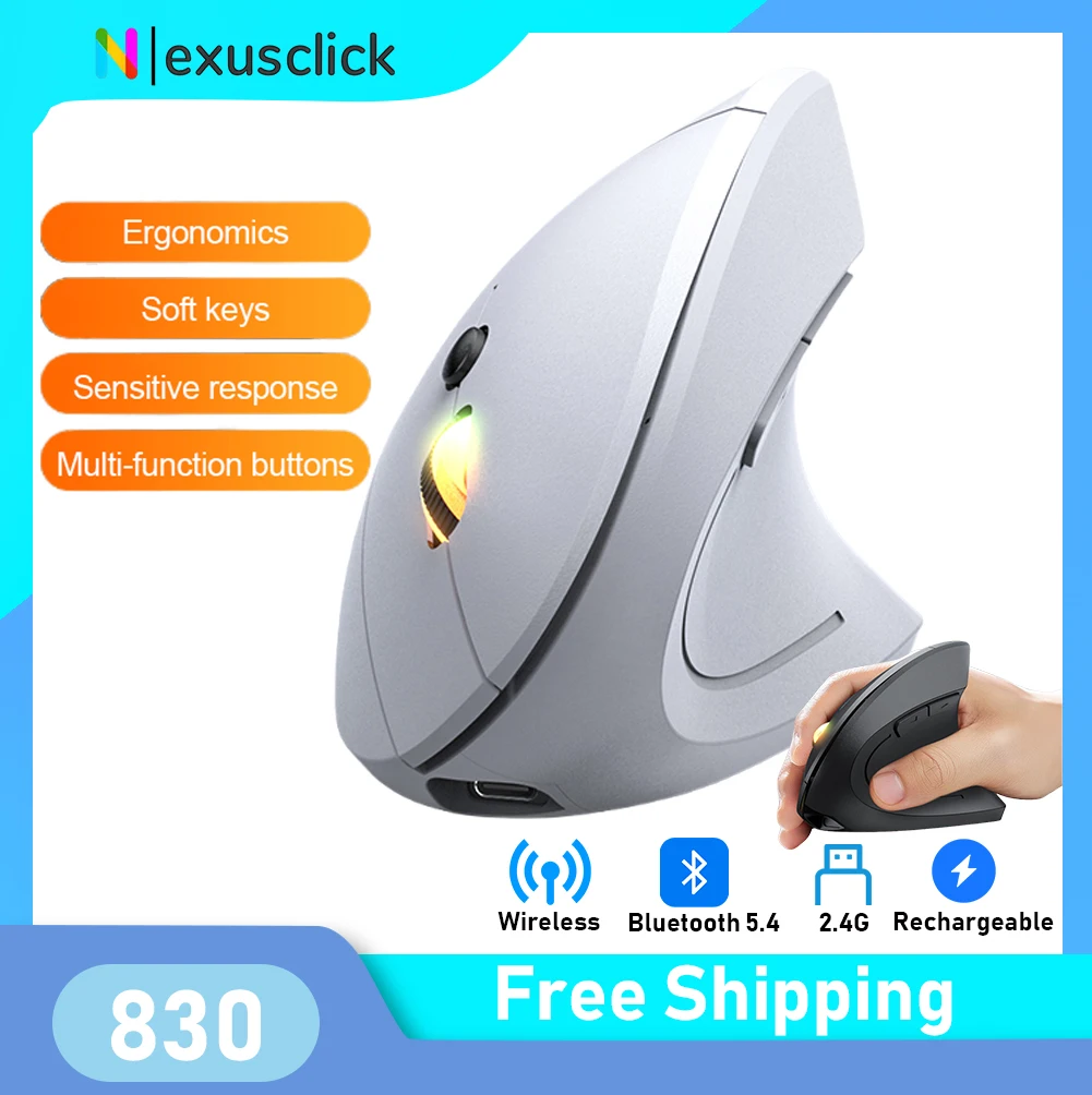 2,4 GHz Bluetooth-Funkmaus, wiederaufladbar, vertikale Mäuse, ergonomisch, 3 verstellbar, 1600 DPI, 6 Tasten für Laptop, PC, Computer, Desktop Image