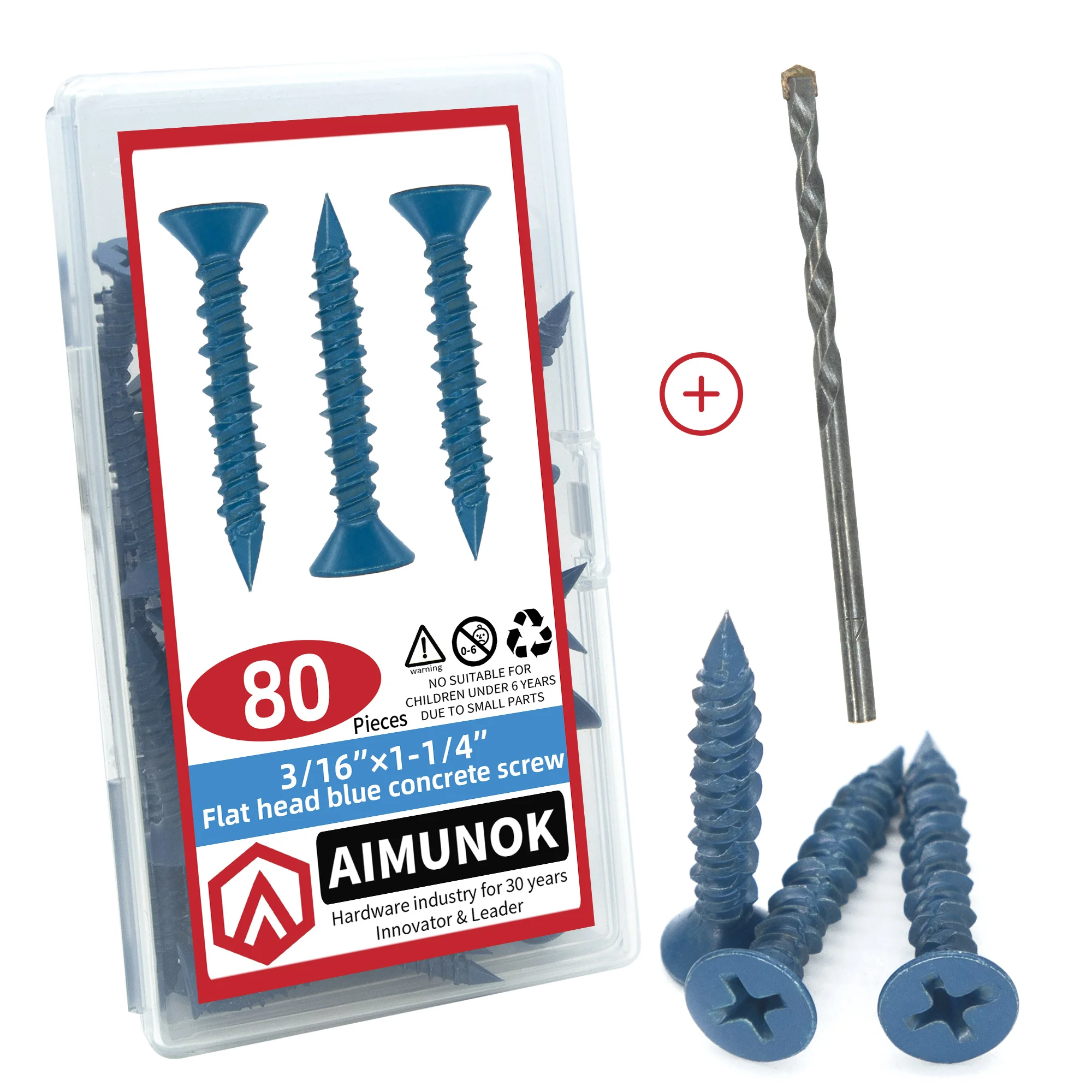 80 Stück 3/16 Zoll Beton-Schraubanker, blaue Flachkopfschrauben zum Verankerzen an Mauerwerk, Ziegel, Block, Zement oder Stuck Image