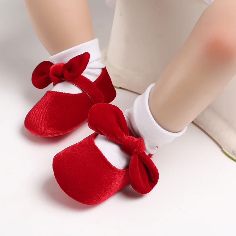 0-18M Neugeborenen Baby Mädchen Schuhe Samt Rot Weihnachten 0-18M Prinzessin Mädchen Baby Schuhe bogen Erste Wanderer Image