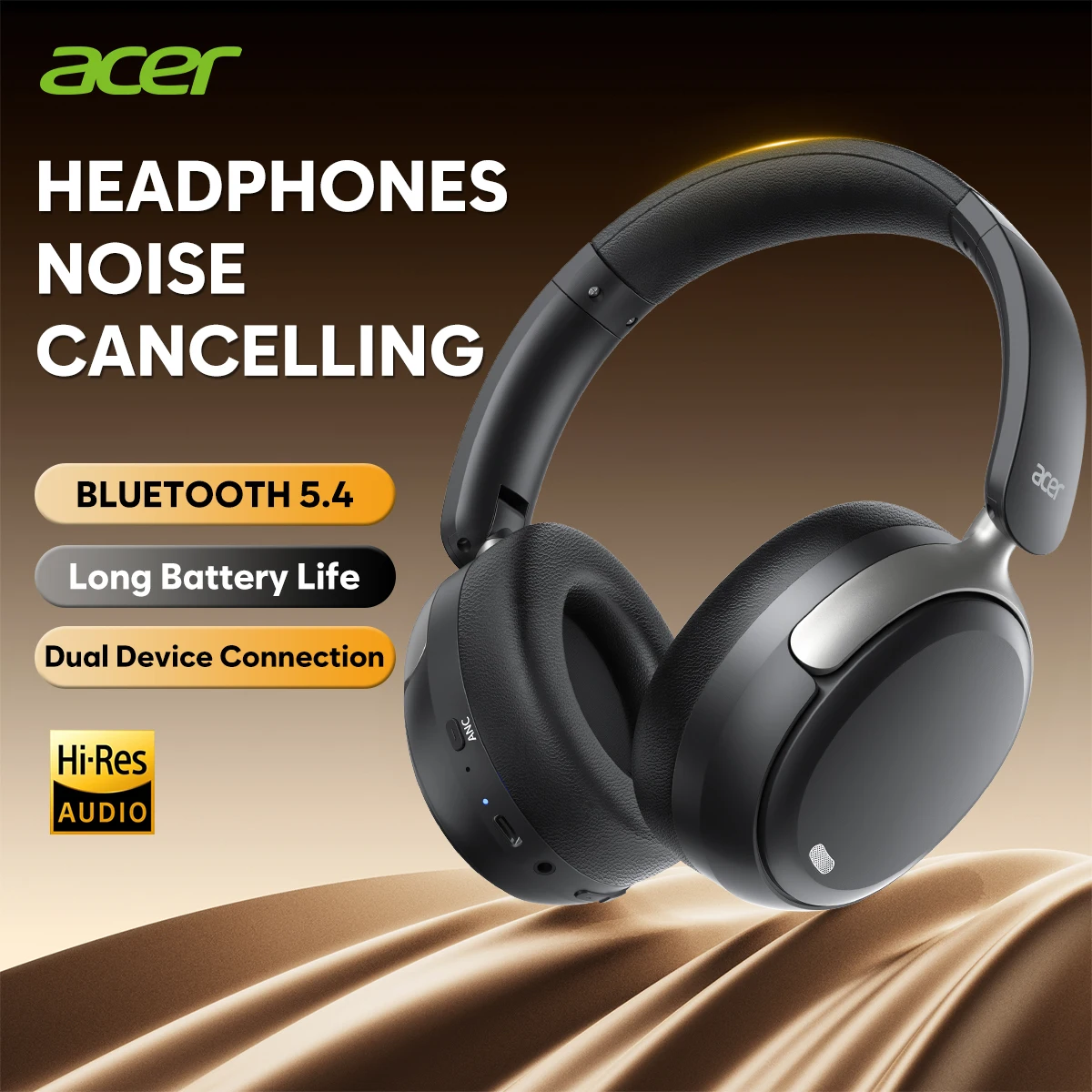 Acer ANC Kabelloser Kopfhörer mit Geräuschunterdrückung, hochauflösender räumlicher Audio-Kopfhörer, Bluetooth-Over-Ear-Headset, 40 mm dynamischer Treiber OHR516