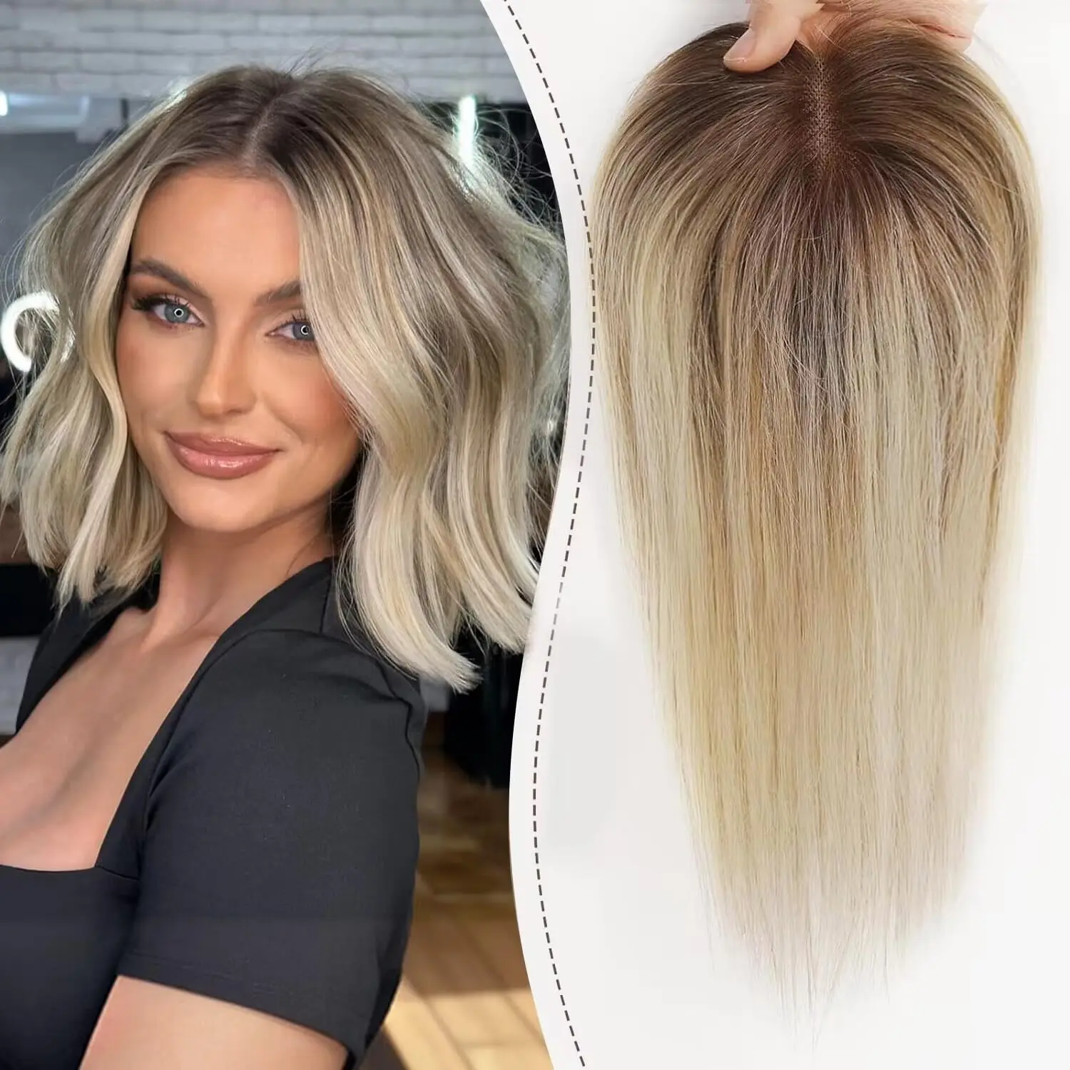 Haaraufsätze, blond, braun, Ombre, 100 % Remy-Echthaar, Topper-Haarteile für Frauen, 150 % Dichte, Seidenbasis, 3 Clip-in-Topper, 30,5 cm Image