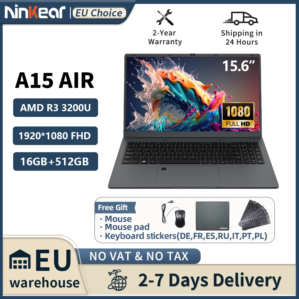 Ninkear A15 Air Laptop AMD Ryzen ™ 3 3200U 16GB DDR4+512GB SSD 15,6 Zoll FHD IPS Bildschirm 180° ° Öffnen und Schließen des Büro-Notizbuchs Image
