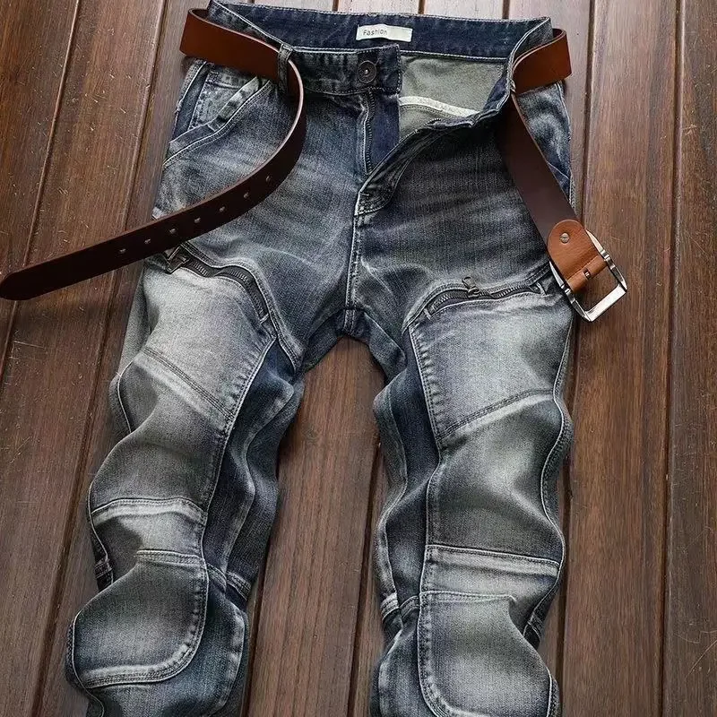 Neue Frühling Herbst Waschen Denim Koreanischen Stil Blau Designer Cowboy Radfahren Motorrad Splice Vintage Fracht Strech Hose Jean Hosen