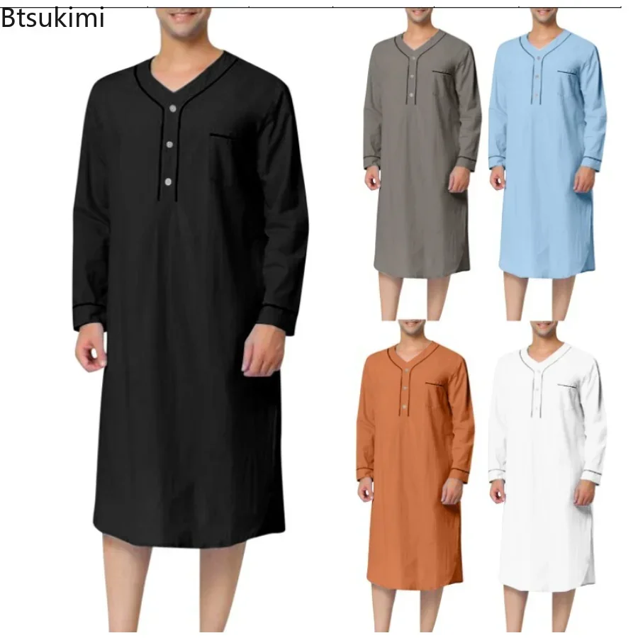 Neue 2026 Herren Jubba Thobe Einfarbige Pyjamas Modische Einfarbige Lose Muslimische Robe Langärmeliges Nachthemd Bademäntel Herren Muslimischer Kaftan Image