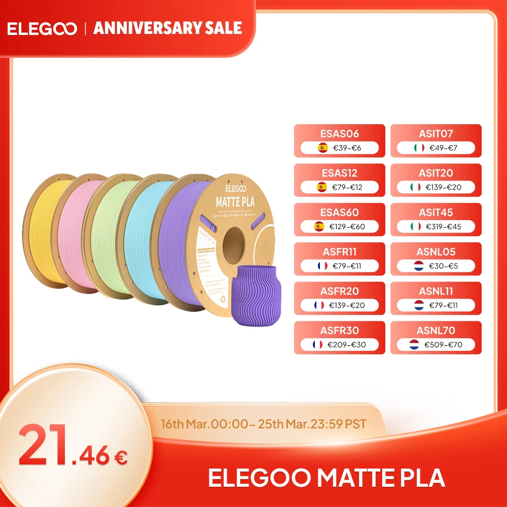 ELEGOO Mattes PLA-Filament 1 kg, 1,75 mm FDM-3D-Drucker-Filament, Maßgenauigkeit +/- 0,02 mm, 1 kg Kartonspule (2,2 lbs) Image