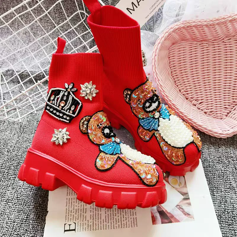 Frauen Casual Schuh Frühling Herbst High Top Schuhe Lange Stiefel Cartoon Elastische Stoff Bequeme Flache Stiefel Handgemachte Stern Große Größe 41