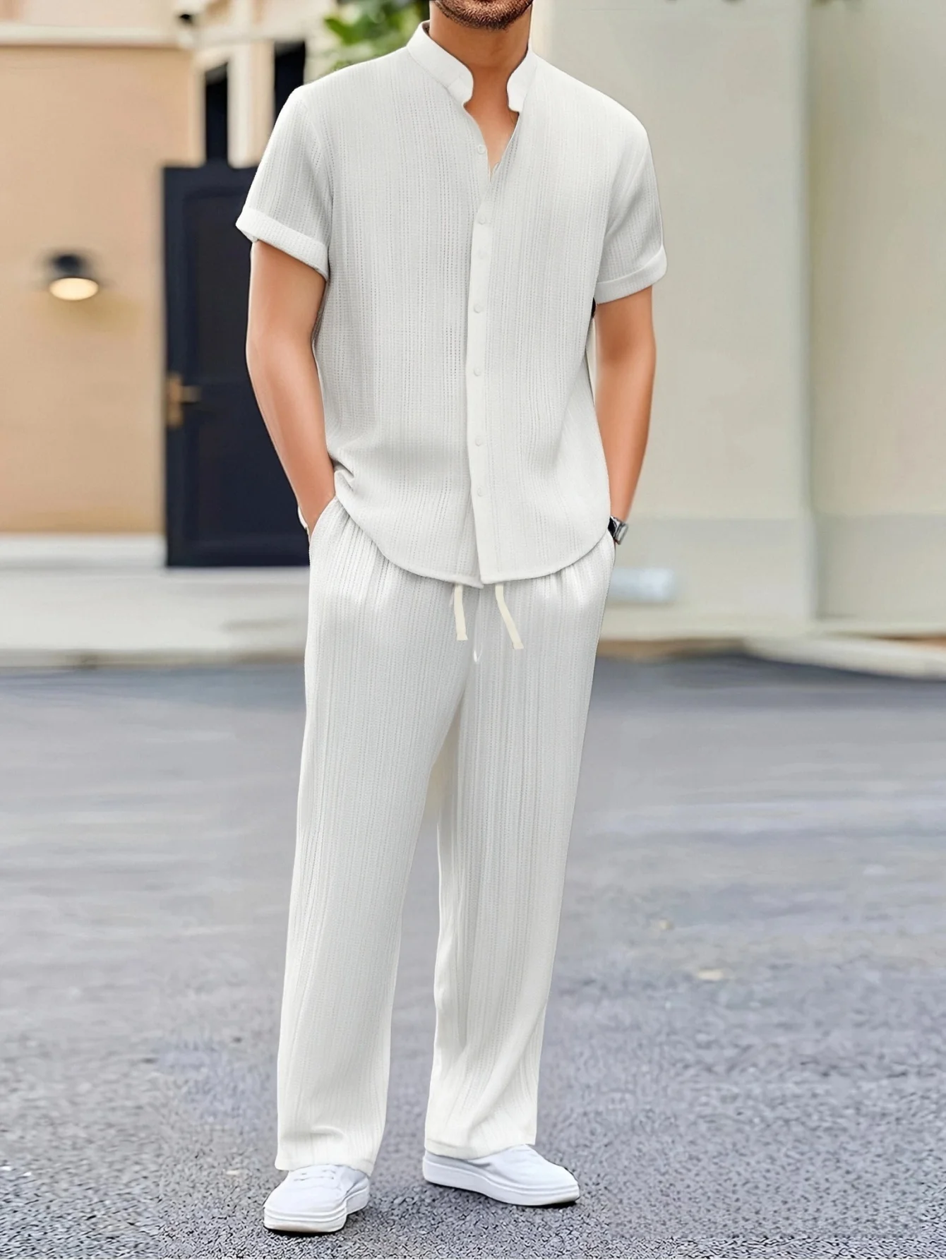 Sommer-Cardigan-Anzug für Herren, Freizeitanzug für Herren, kleine Strickjacke mit Stehkragen und Knöpfen, Hose mit Kordelzug, modisches Jacqua Image