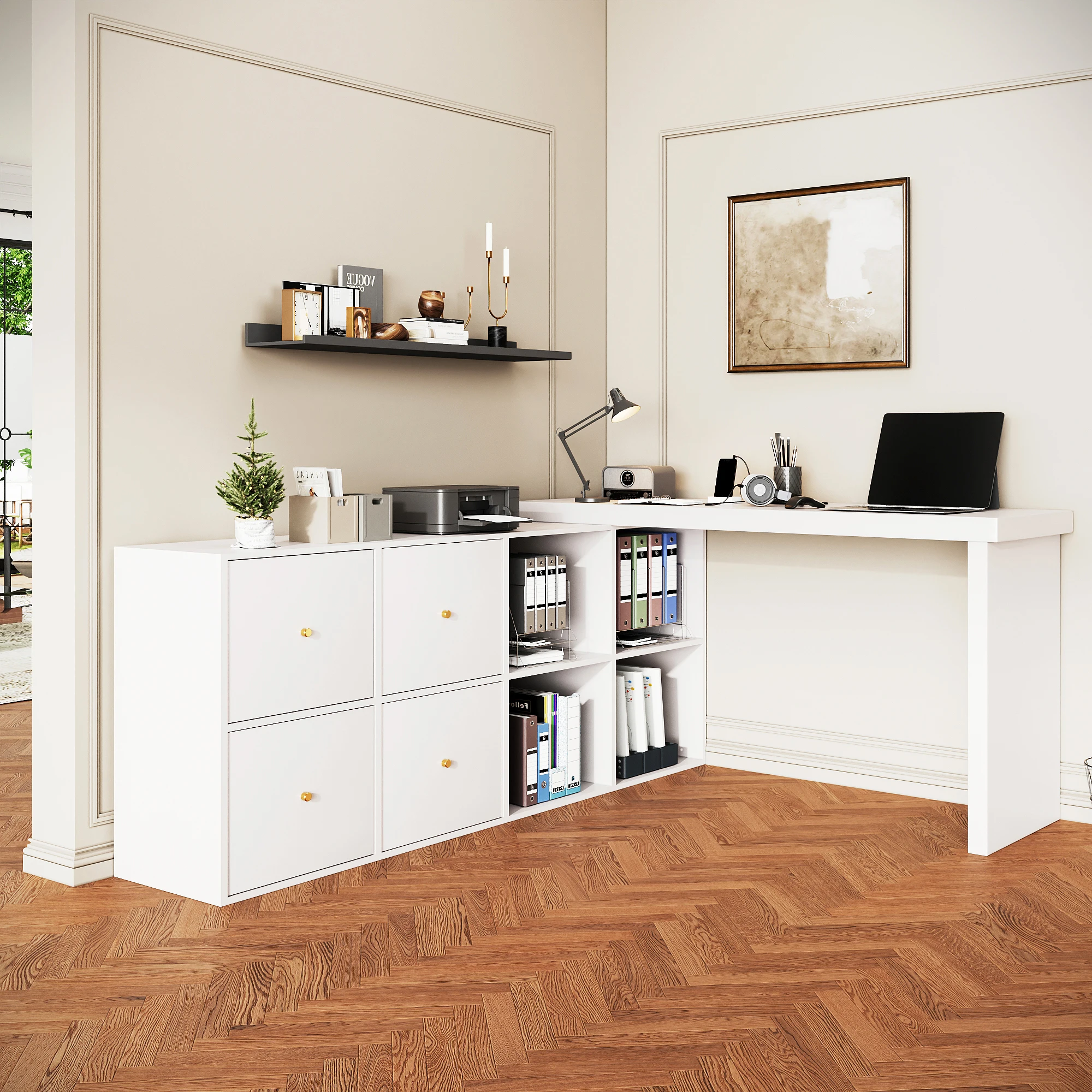  Weißer PC-Computertisch aus Holz, Büro-Ecktisch, Tischplatte und Beine 4 cm verstärkt, mit 4 Fächern, 4 Schubladen