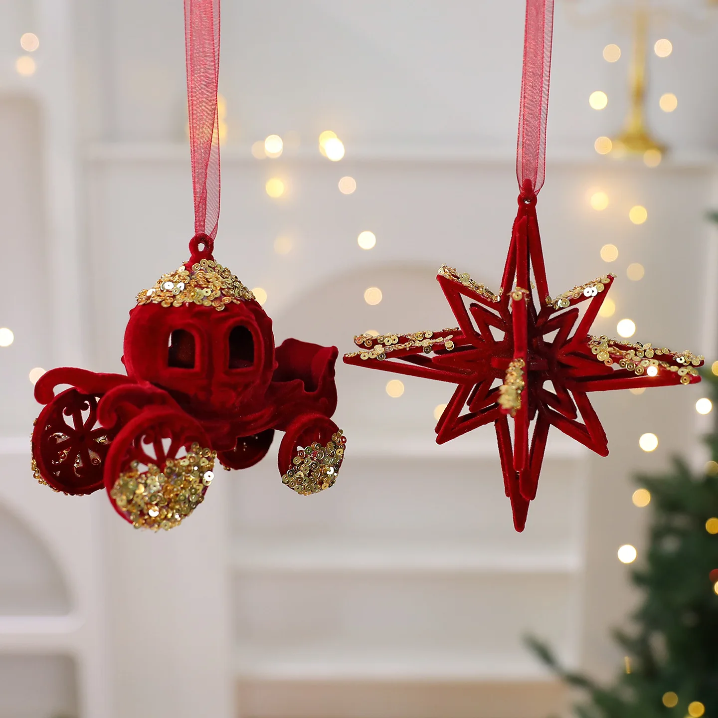 Weihnachts-Hirsch-Ornamente, weinrot, beflockte Schleife, Hängedekoration für Baum, Kaminsims, Geschenkverpackung, Bauernhaus, rustikale Urlaubsdekoration Image