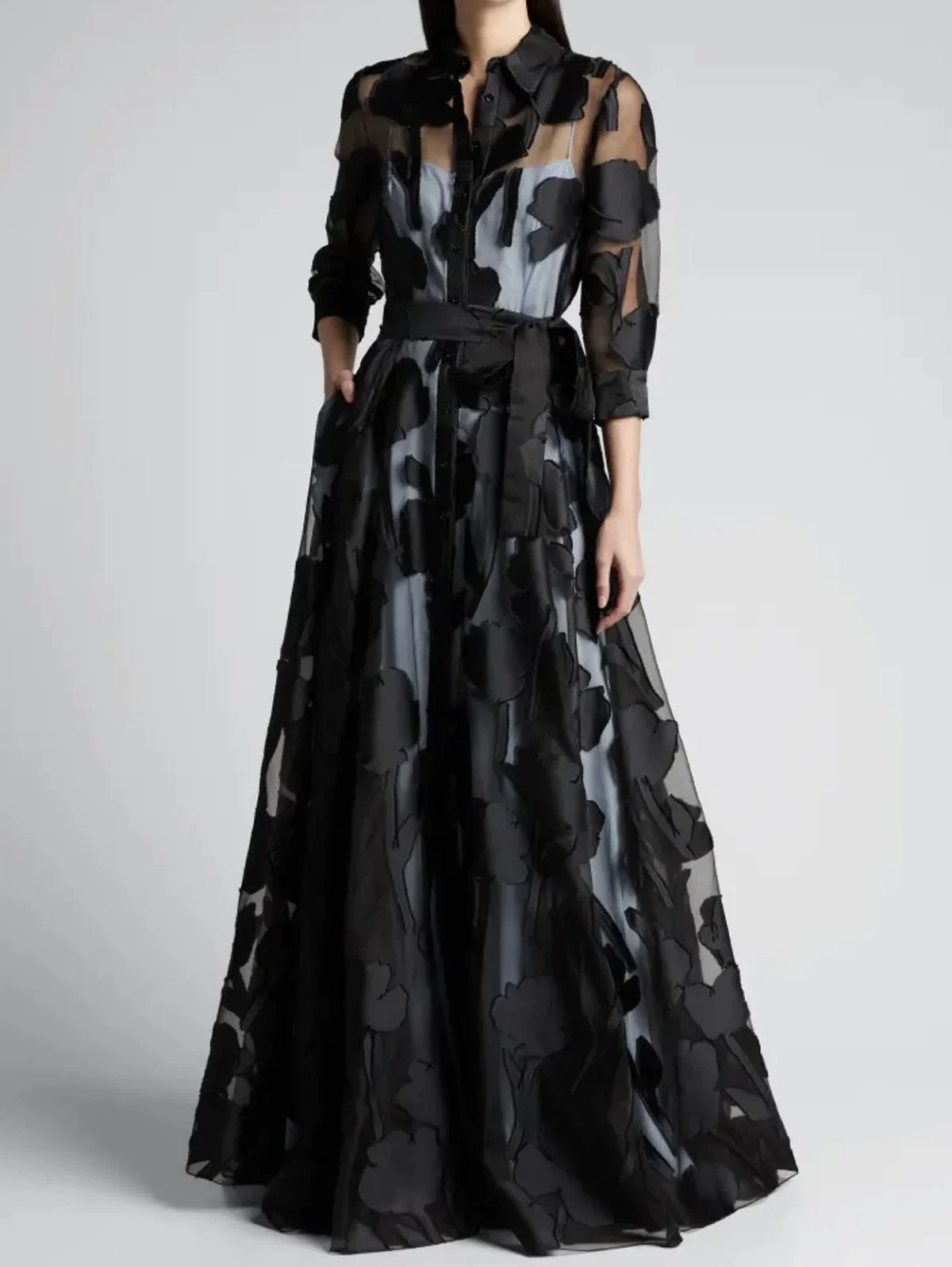 Modisches Herbstkleid für Damen, gepunktet, elegant, Umlegekragen, transparent, 3/4-Ärmel, elegant, lässig, Vintage, A-Linie, langes Kleid