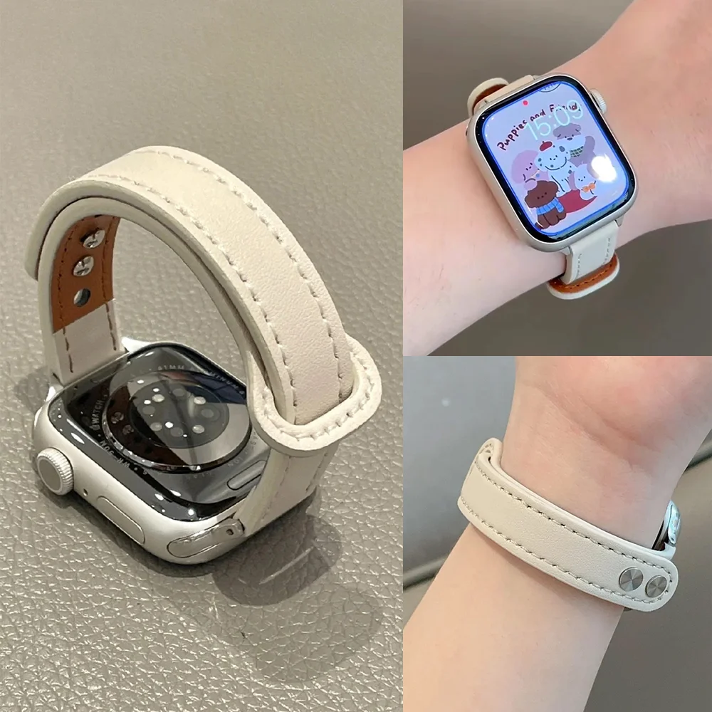 Doppeltes Nagel-Leder-dünnes Armband für Apple Watch-Armbänder 40 mm 44 mm 42 mm 46 mm 45 41 mm Brecelet Correa für iWatch Serie 11 10 9 8 SE Image